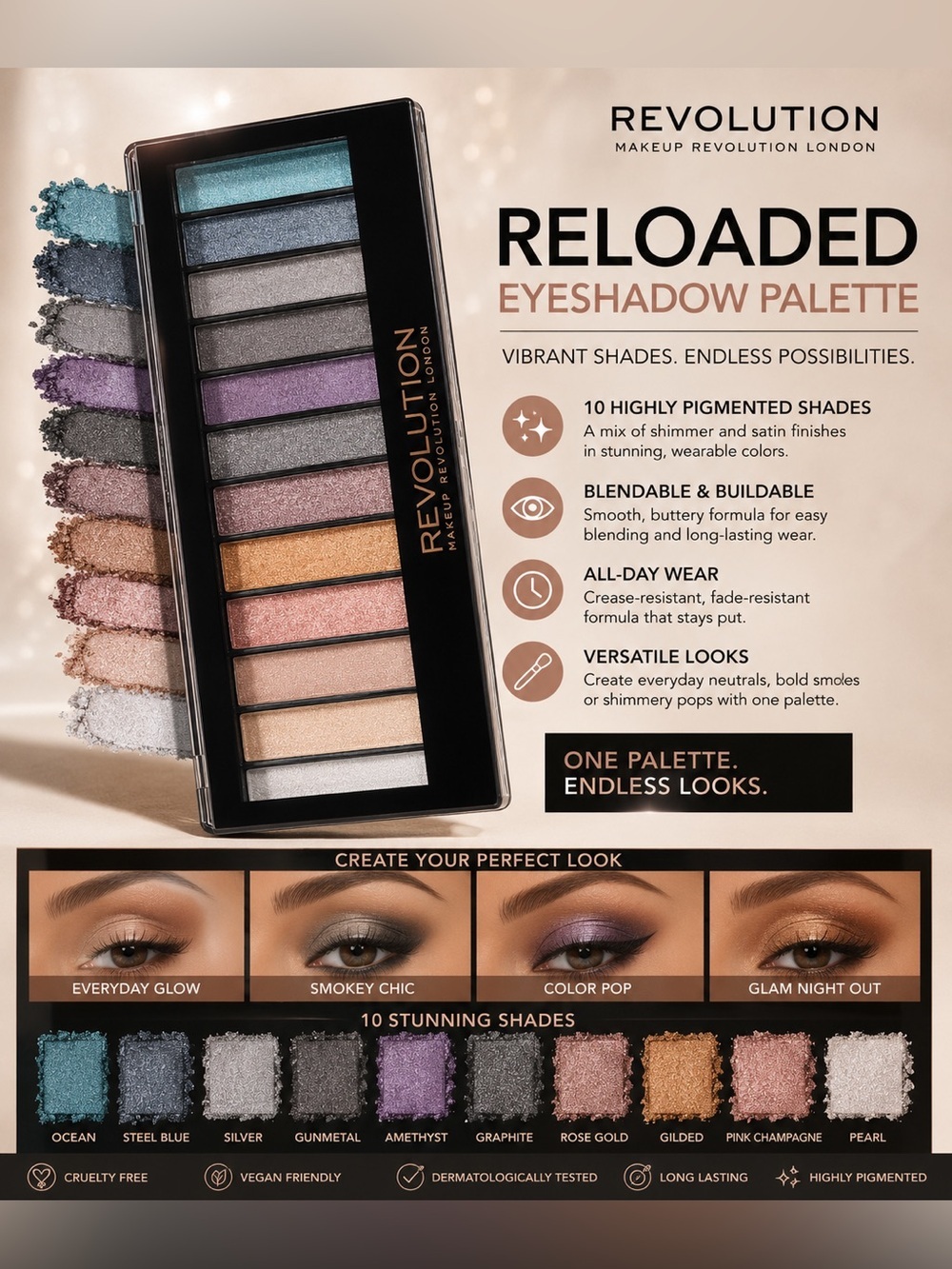 Revolution Shimmer Eyeshadow Palette — Pink, Gold, Purple, Blue, Silver